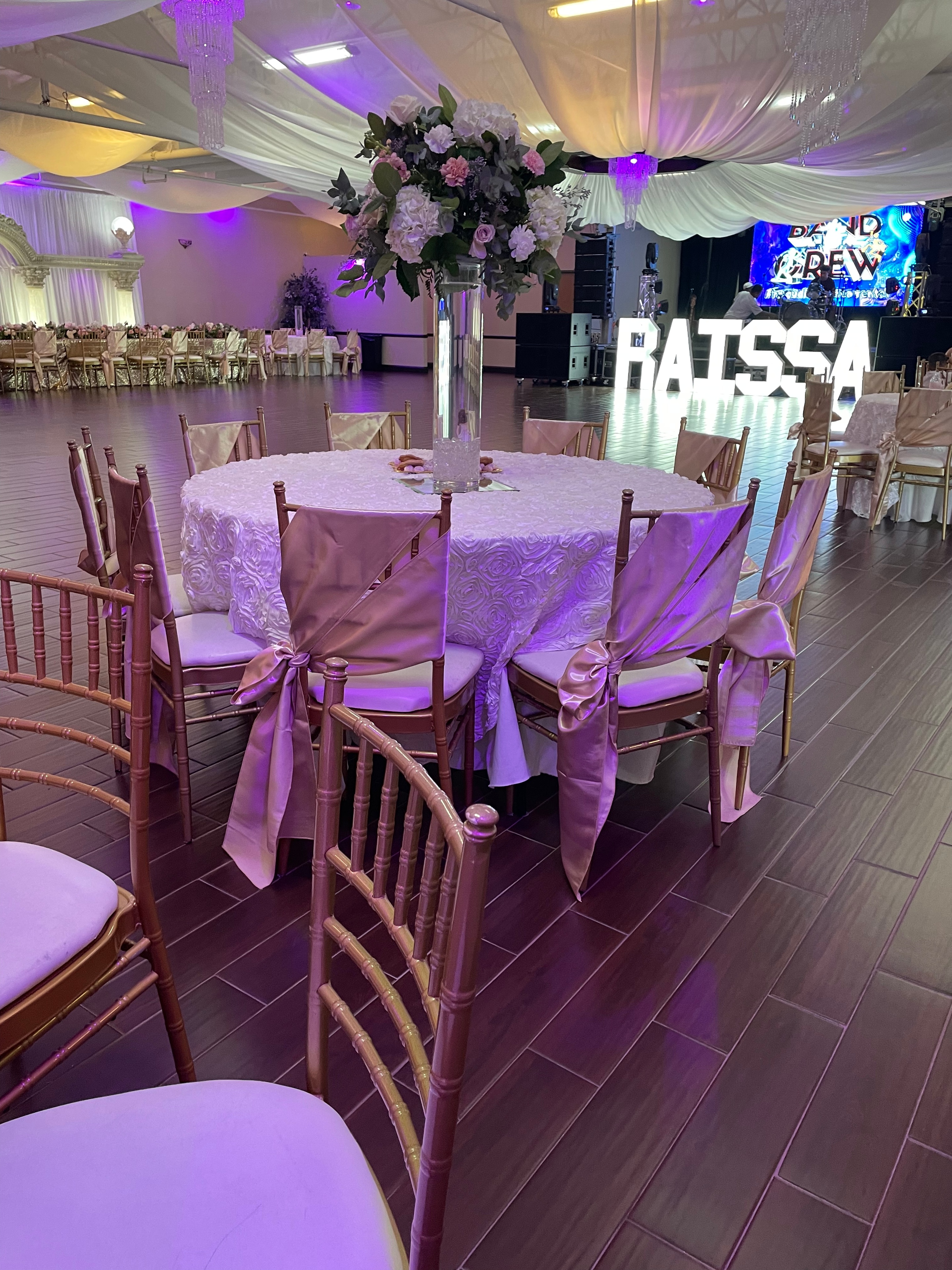 Wedding reception with floral centerpieces and chandeliers
