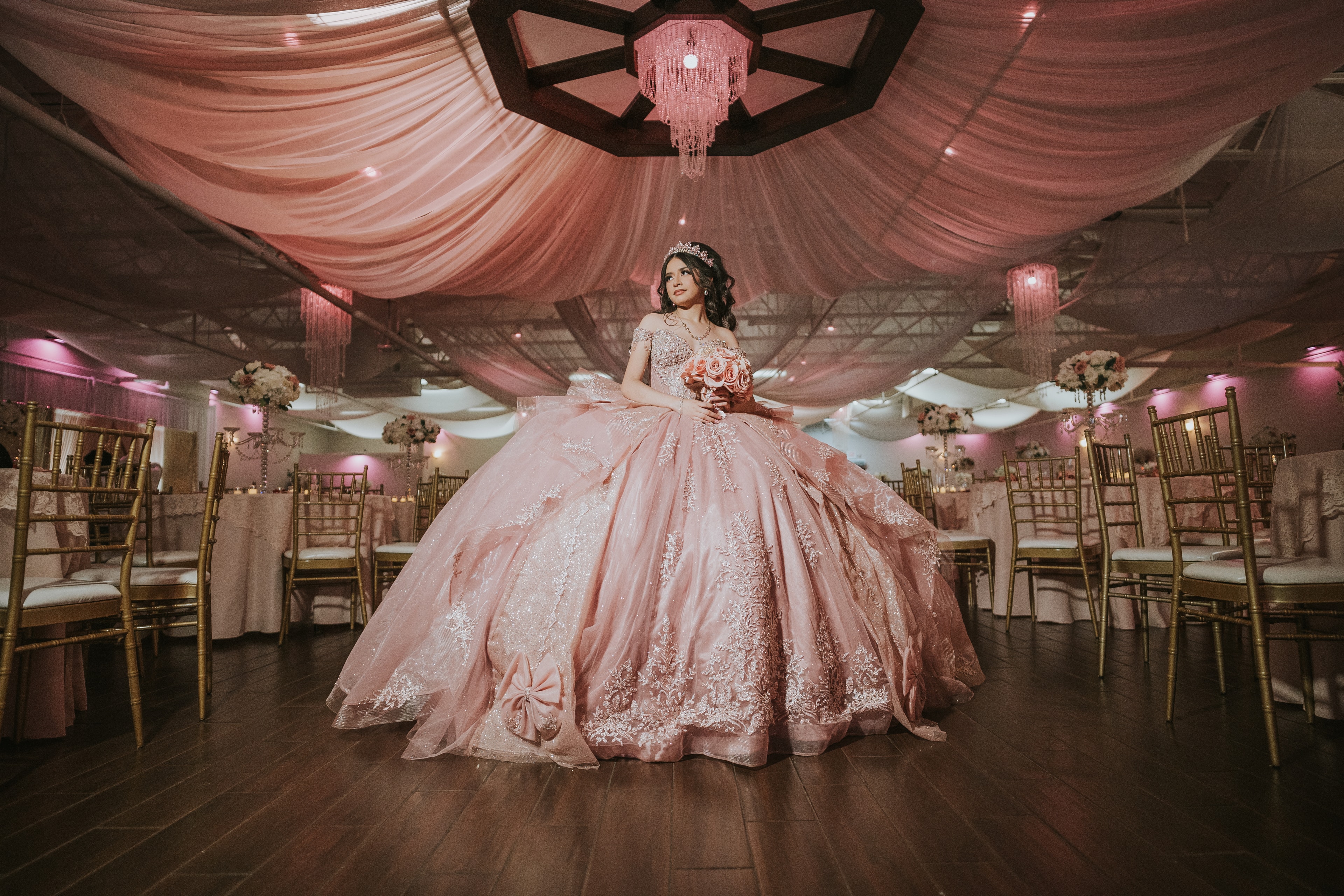 Luxury banquet hall with round tables